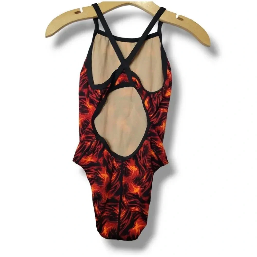 SPEEDO Women’s Black & Red Open-Back Vintage Competitive One-Piece Swimsuit